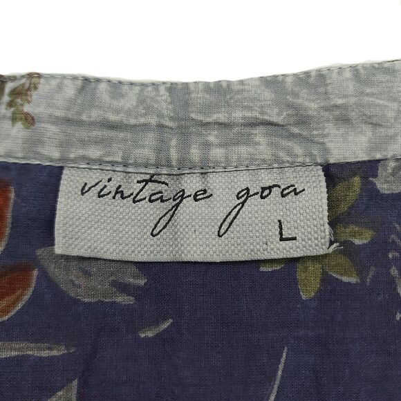 Vintage Goa Top Womens Large Gray Floral Roll Tan Sleeve Bohemian Lagenlook - Picture 9 of 12